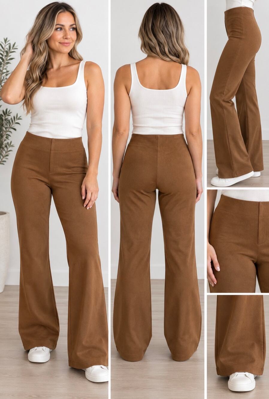 Ellen Tracy Women’s S Brown Cognac Faux Suede Flare Pants NWT Stretch